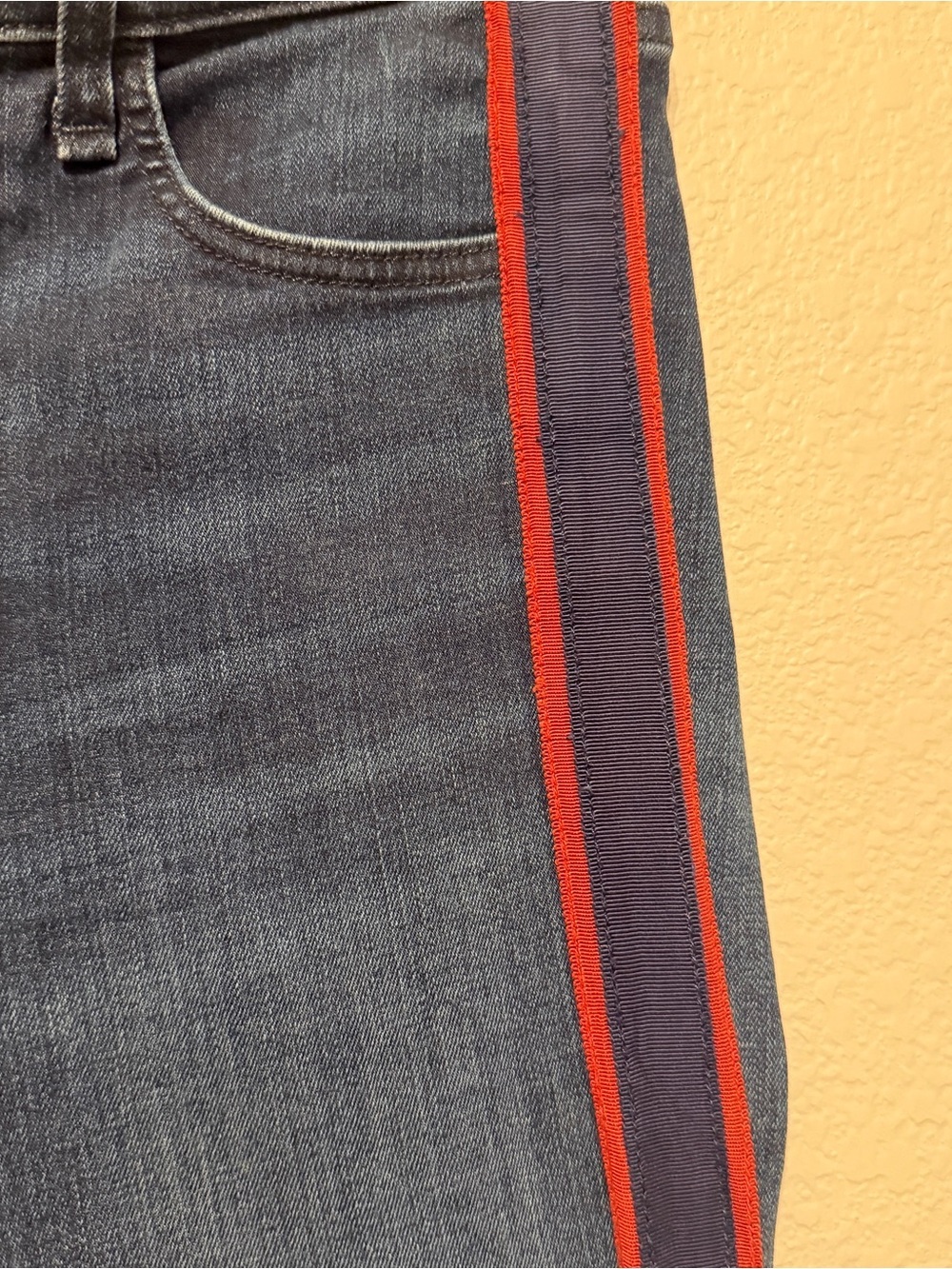 Veronica Beard Navy Slim Straight Jeans with Red Side Stripes - Picture 4 of 8